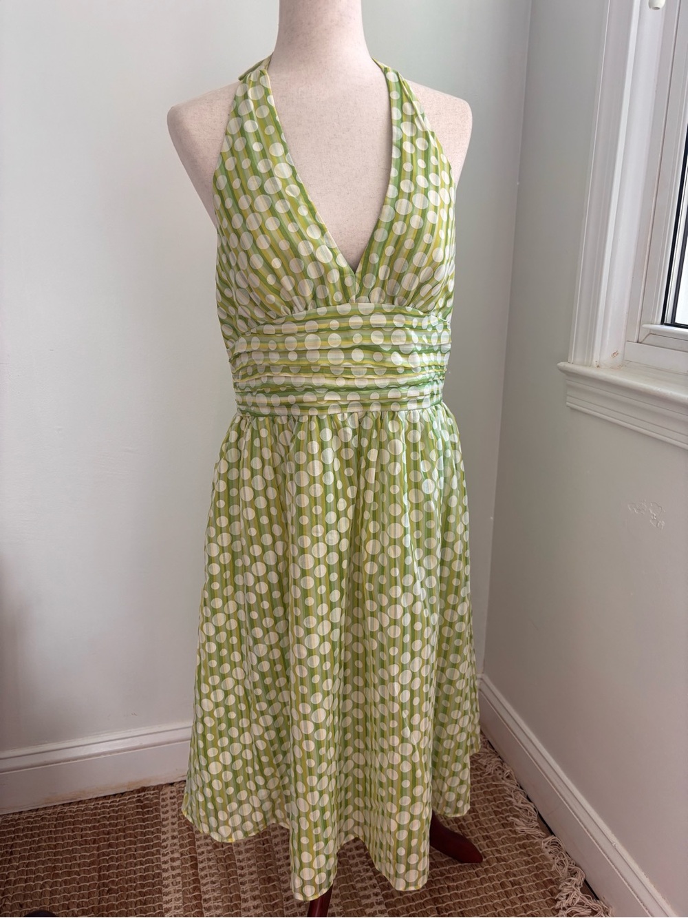 Amanda Lane Green Polka Dot Halter Dress Women’s 14P Retro Pin Up Fit Flare